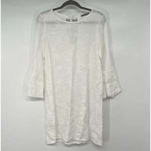 Luisa Perla Mini Dress Sz M White Embroidered Bell Sleeves Round Neck Keyhole